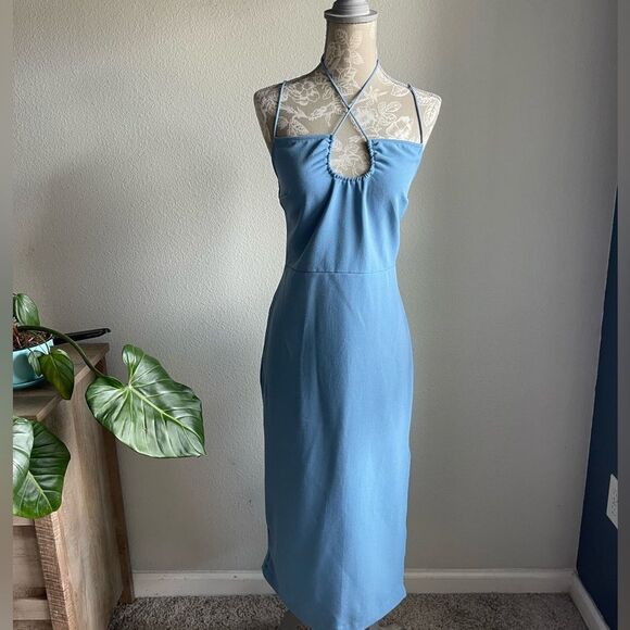 Abercrombie & Fitch Strappy Halter Keyhole Midi Dress in Blue - Picture 1 of 12